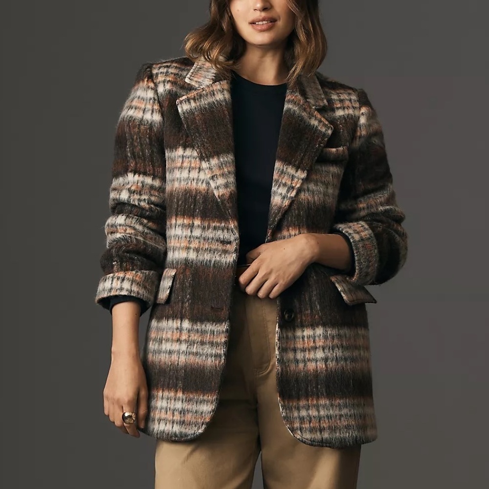NWT Anthropologie Maeve Brushed Plaid Blazer Brown M